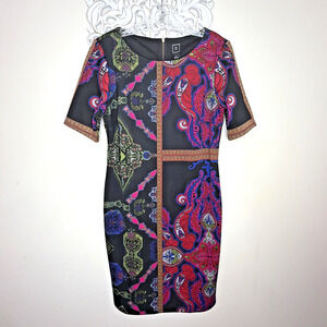 RMLL Women's size 8 DRESS Round Neck Short Sleeves Zip Back Paisley Print BLACK